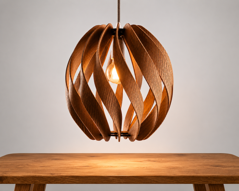 csavart lamellás fa lámpa, inspiráció, design, étkezőasztalhoz lámpa