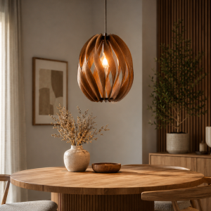 csavart lamellás fa lámpa, inspiráció, design, étkezőasztalhoz lámpa