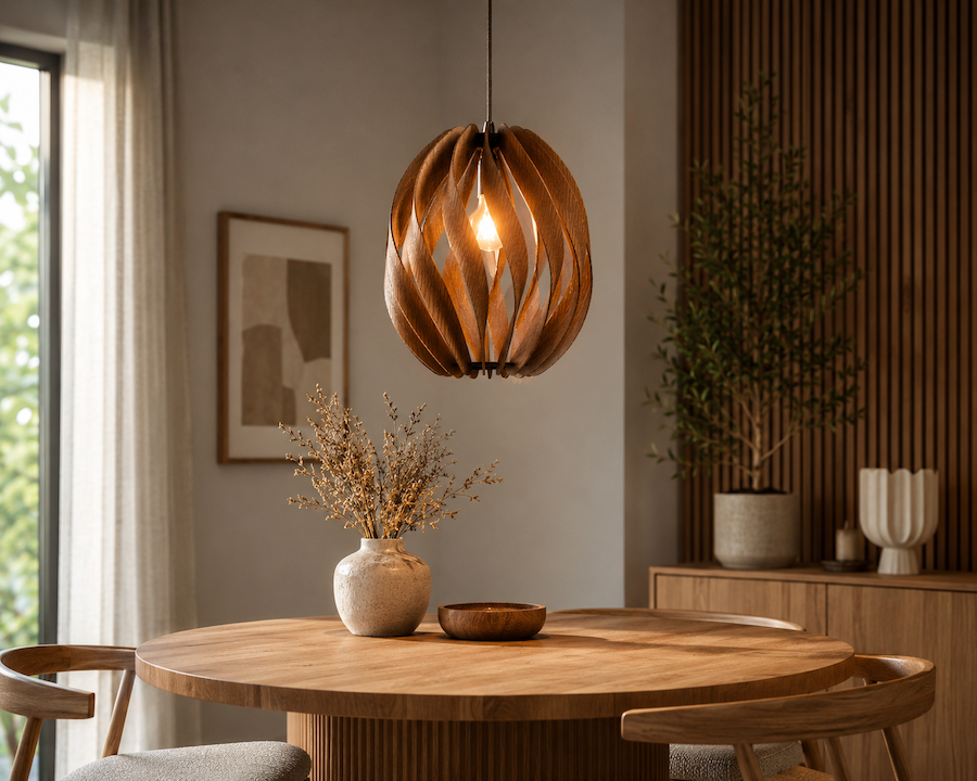 csavart lamellás fa lámpa, inspiráció, design, étkezőasztalhoz lámpa