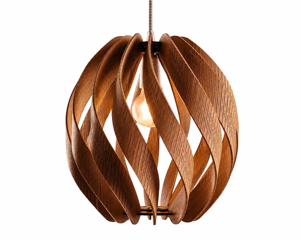 csavart lamellás fa lámpa, inspiráció, design, étkezőasztalhoz lámpa