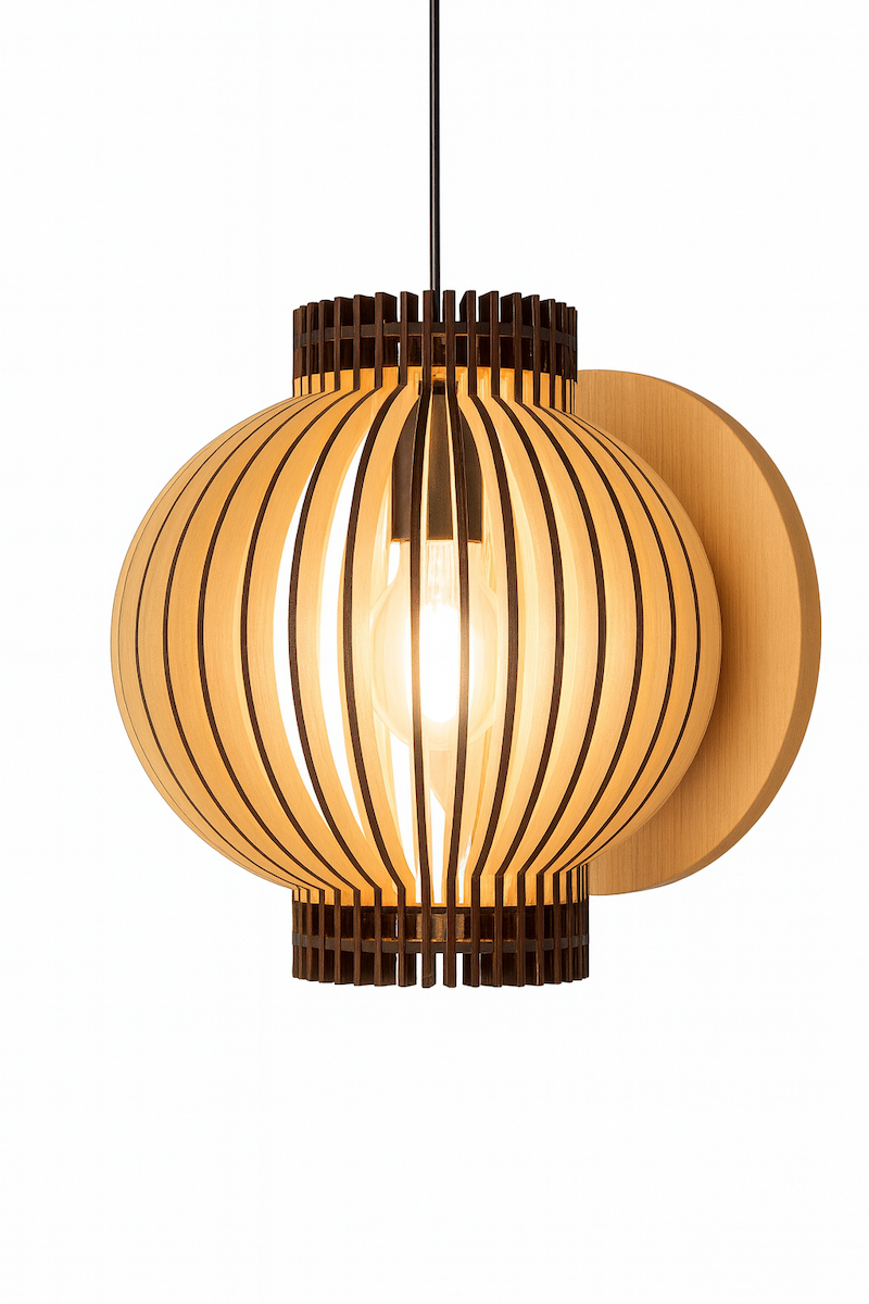 fából készült, mennyezeti lámpa, nagy méretű lámpabúra, lamellás lámpa