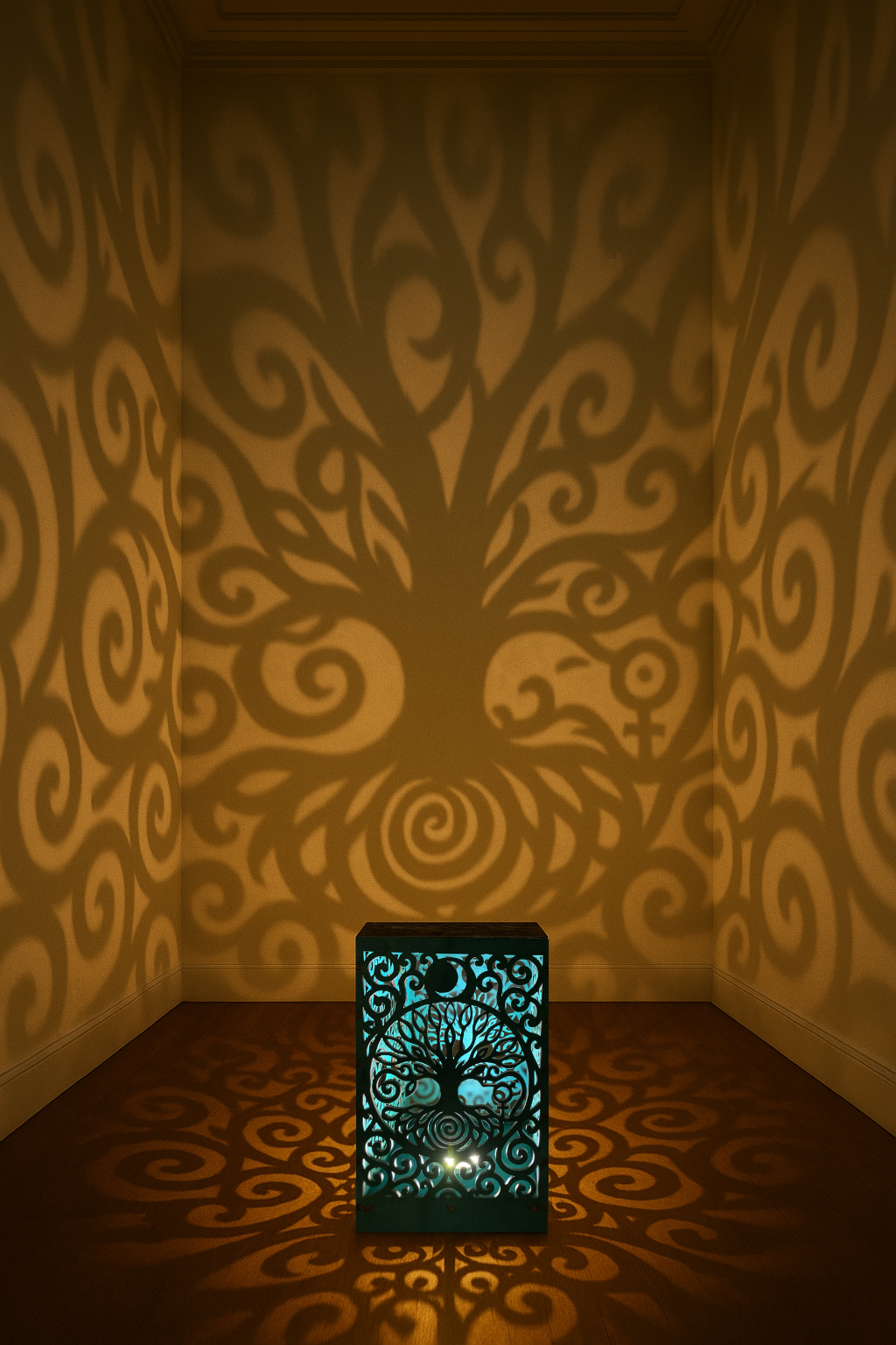 Nap–Hold Életfa mandala lámpa Nap–Hold mandala lámpa – kézzel készült fa Életfa design, meleg fényű spirituális hangulatvilágítás, Bicski Mónika alkotása