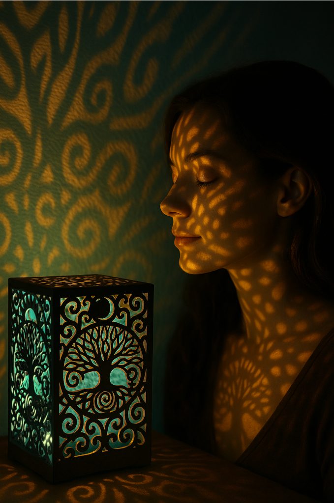 Nap–Hold mandala lámpa – kézzel készült fa Életfa design, meleg fényű spirituális hangulatvilágítás, Bicski Mónika alkotása