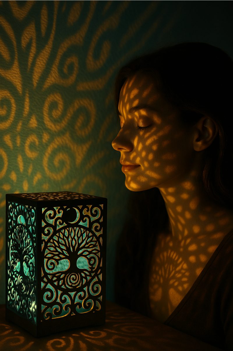 Nap–Hold mandala lámpa – kézzel készült fa Életfa design, meleg fényű spirituális hangulatvilágítás, Bicski Mónika alkotása