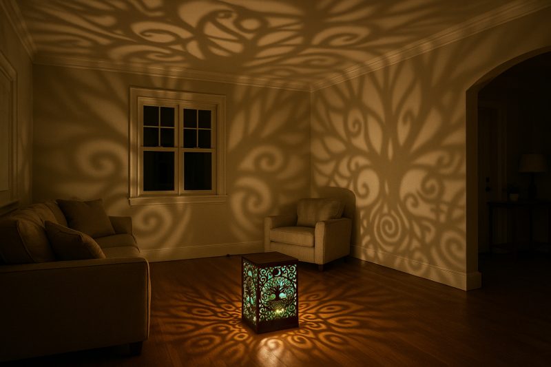 Nap–Hold mandala lámpa – kézzel készült fa Életfa design, meleg fényű spirituális hangulatvilágítás, Bicski Mónika alkotása