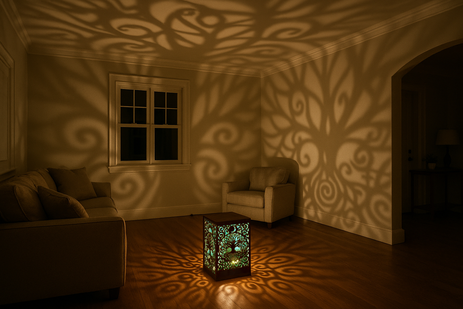 Nap–Hold Életfa mandala lámpa Nap–Hold mandala lámpa – kézzel készült fa Életfa design, meleg fényű spirituális hangulatvilágítás, Bicski Mónika alkotása