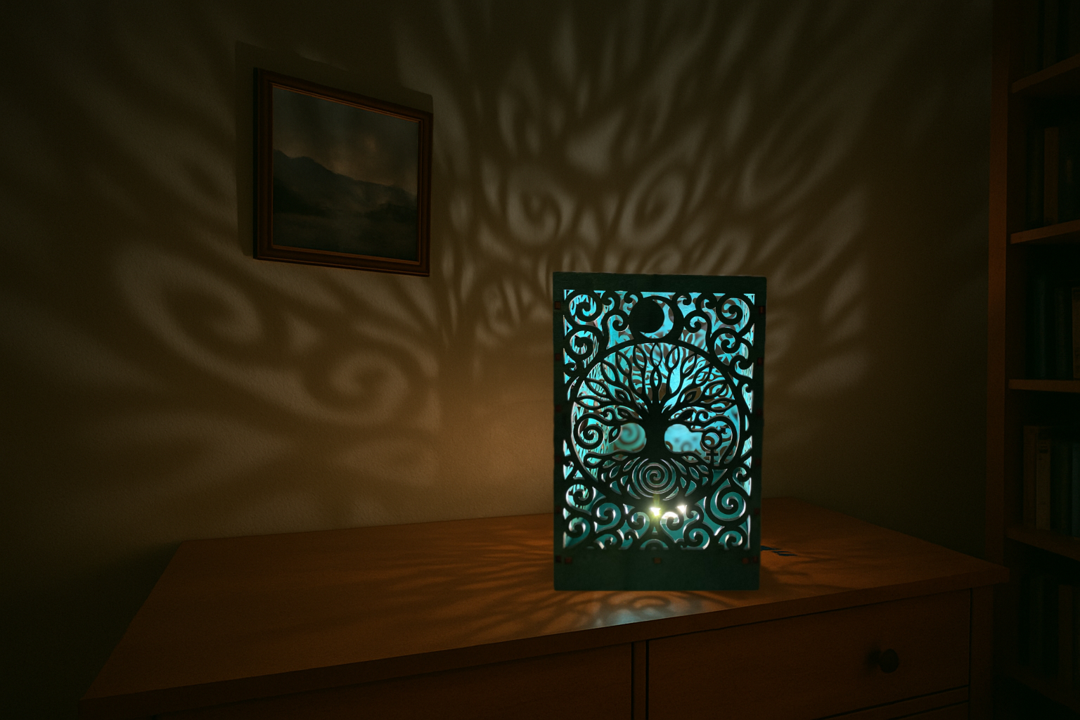 Nap–Hold Életfa mandala lámpa Nap–Hold mandala lámpa – kézzel készült fa Életfa design, meleg fényű spirituális hangulatvilágítás, Bicski Mónika alkotása