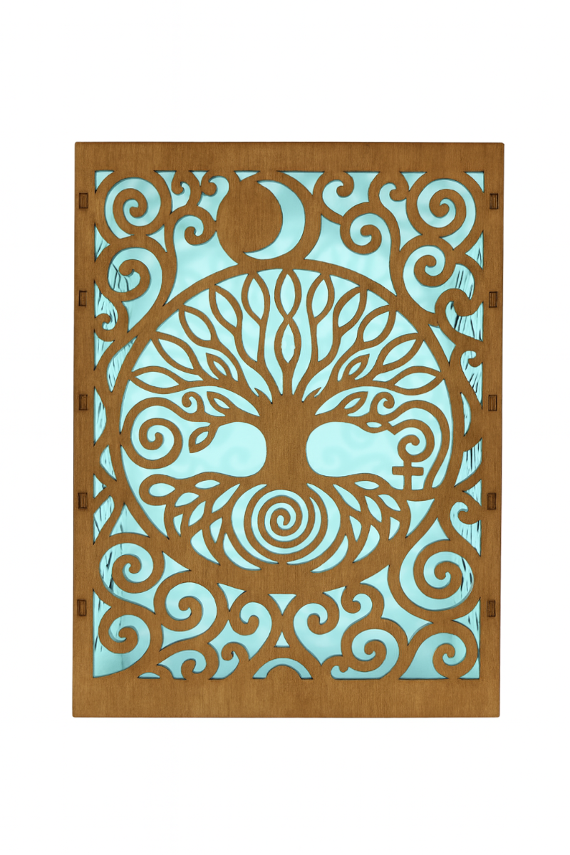 fából készült, asztali lámpa, kis méretű lámpa, mandala lámpa, gyógyító spirituális